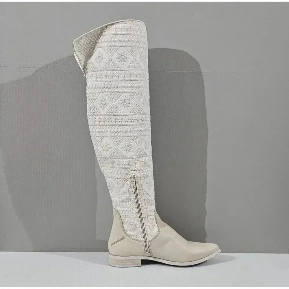 Free People Bren Knee High Boot Women EU 38.5 Cream Embroidered Boho Slouchy NEW